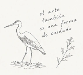 Ilustración lineal de una garza con la frase el arte también es una forma de cuidado